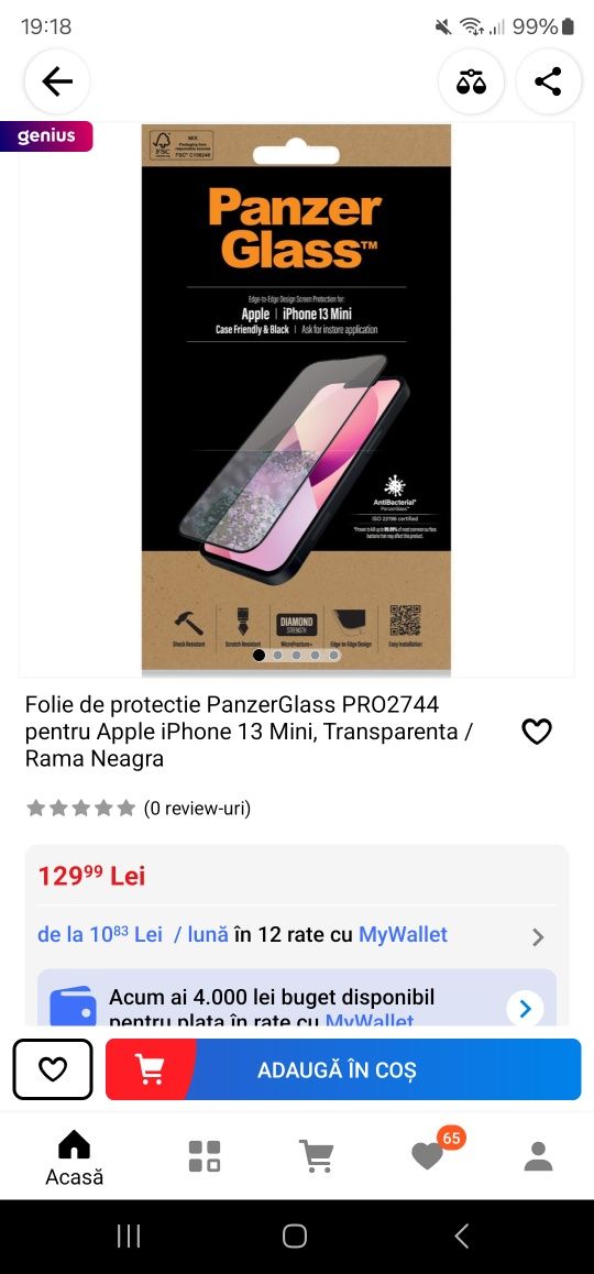 Panzer Glass Folie sticla Iphone 13 mini- Noua, Sigilata
