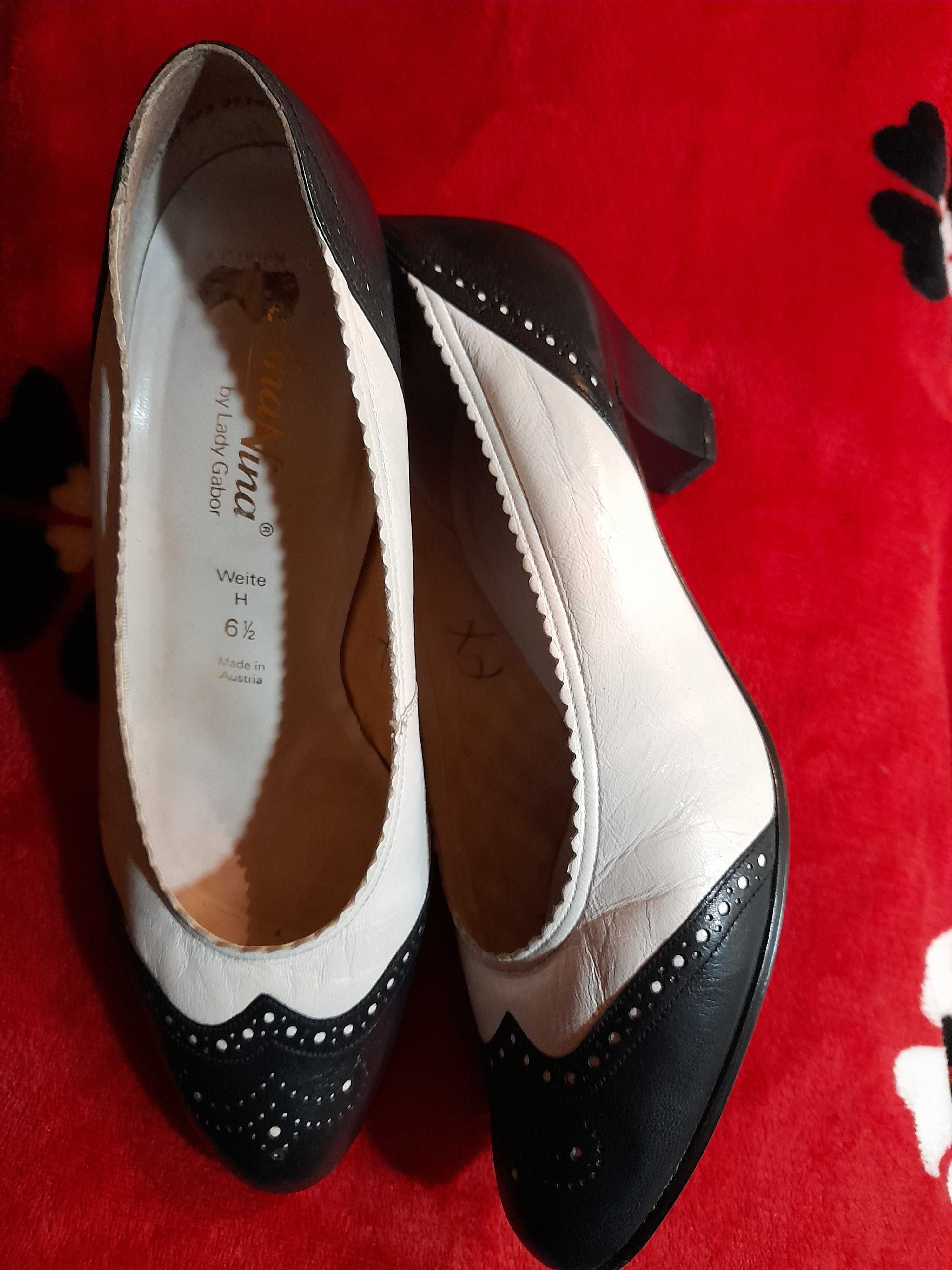 Pantofi dama piele naturala, alb cu negru, Gabor, marimea 6 1/2 H (39)