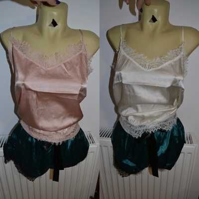 Pijama satin sexy, maieu roz, alb+pantaloni scurți verzi, dantelă XS