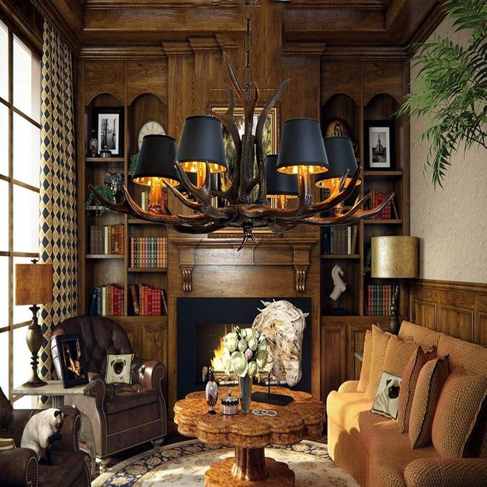 Полилей еленов рог(смола)черен и 6 абажура, 6×Е14