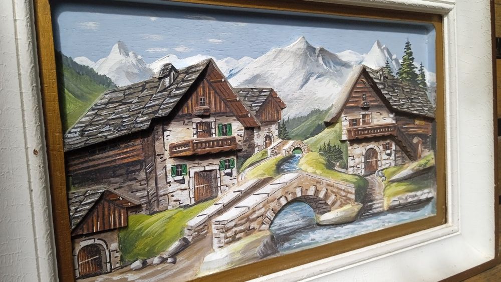 Tablou din lemn in relief 3D pictat/exacutat manual, peisaj din Alpi