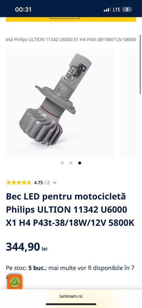 Bec LED pentru motocicletă Philips P43t-38/18W/12V 5800K NOU SIGILAT