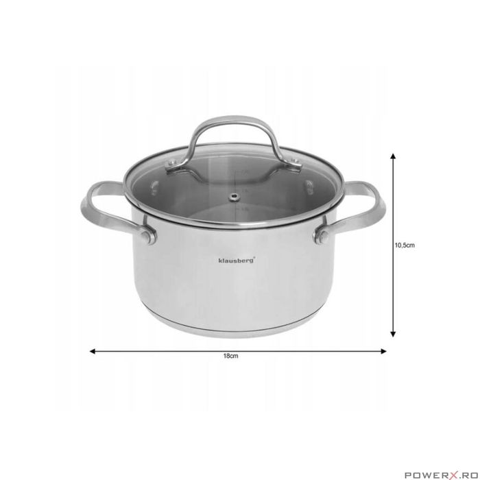 Oala din inox cu capac din sticla, 18cm 2,5litri, compatibila cu toate