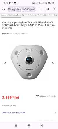 Camera supraveghere Dome IP Hikvision DS-2CD6362F-IVS Fisheye, 6 MP