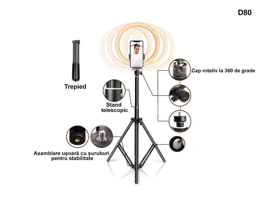 Ring Light LED 14 inchi Fotografie Lampa Circulara Ring Trepied 210cm