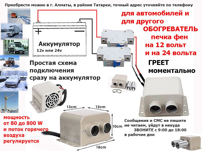 Для подогрева салона эл. фен авто-печка обогреватель ОБОГРЕВ от 12/24В