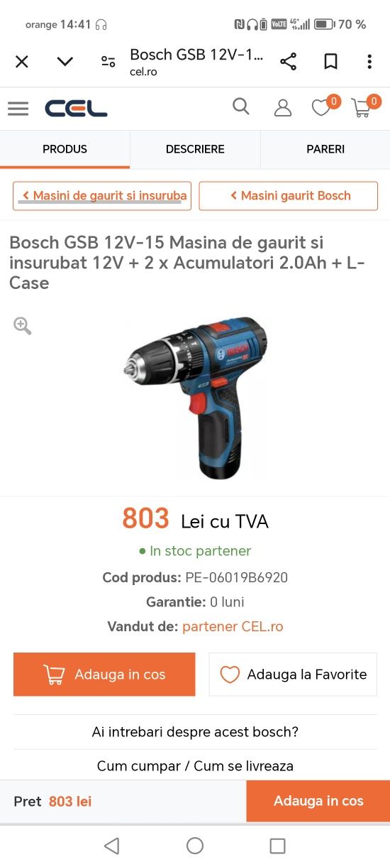 Bosch GSB12V-15 profesional 12v  Filetantă cu percuție