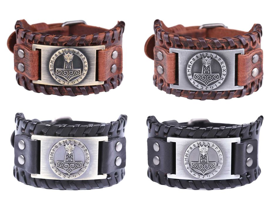 Bratara de piele pentru barbati  cu gravura in metal - cap de lup