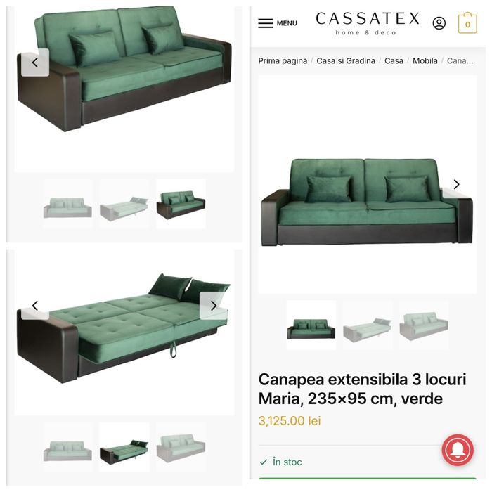 Canapea extensibilă 3 locuri, nouă, ladă depozitare, 235x95 dimensiuni