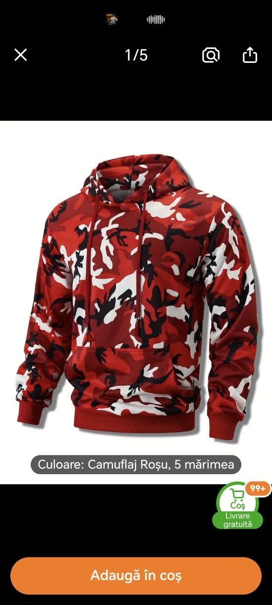 Hanorac cu gluga NOU camuflaj marime M-L poliester rosu+negru+alb