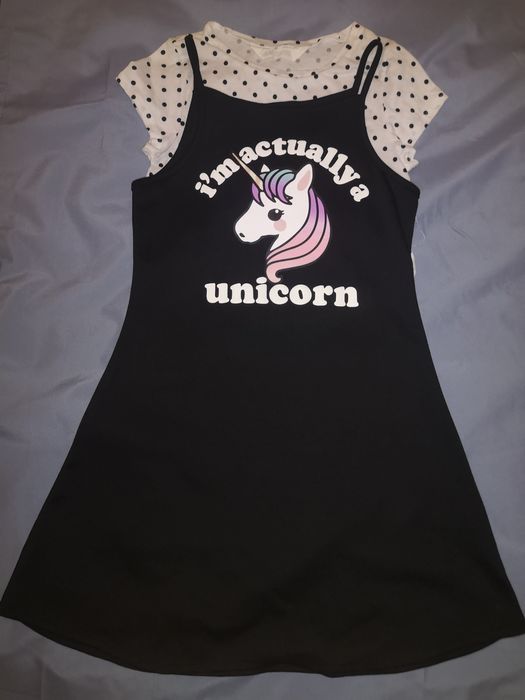 Set : rochie / salopeta+ tricou fete, 8,9,10 ani, 134-140, Unicorn