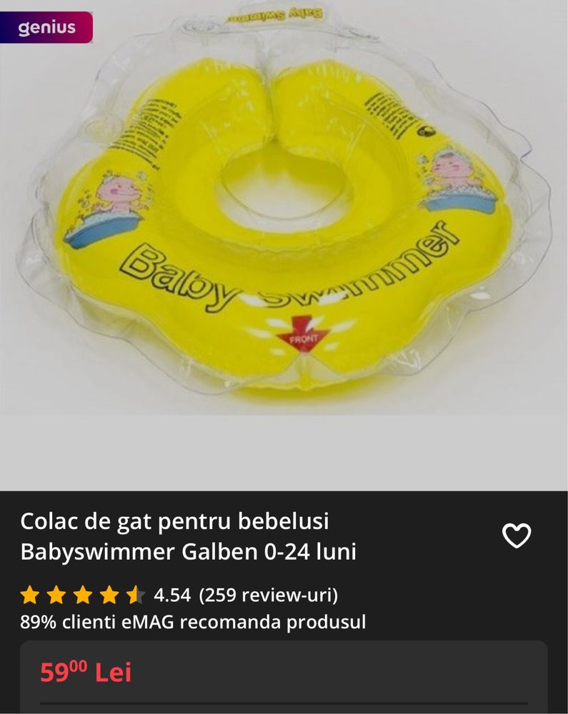 Colac de gat pentru bebelusi Babyswimmer Galben 0-24 luni