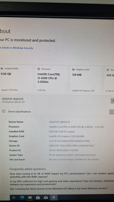 Unitate desktop SFF HP i5 gen6, 8gb, 250gb ssd