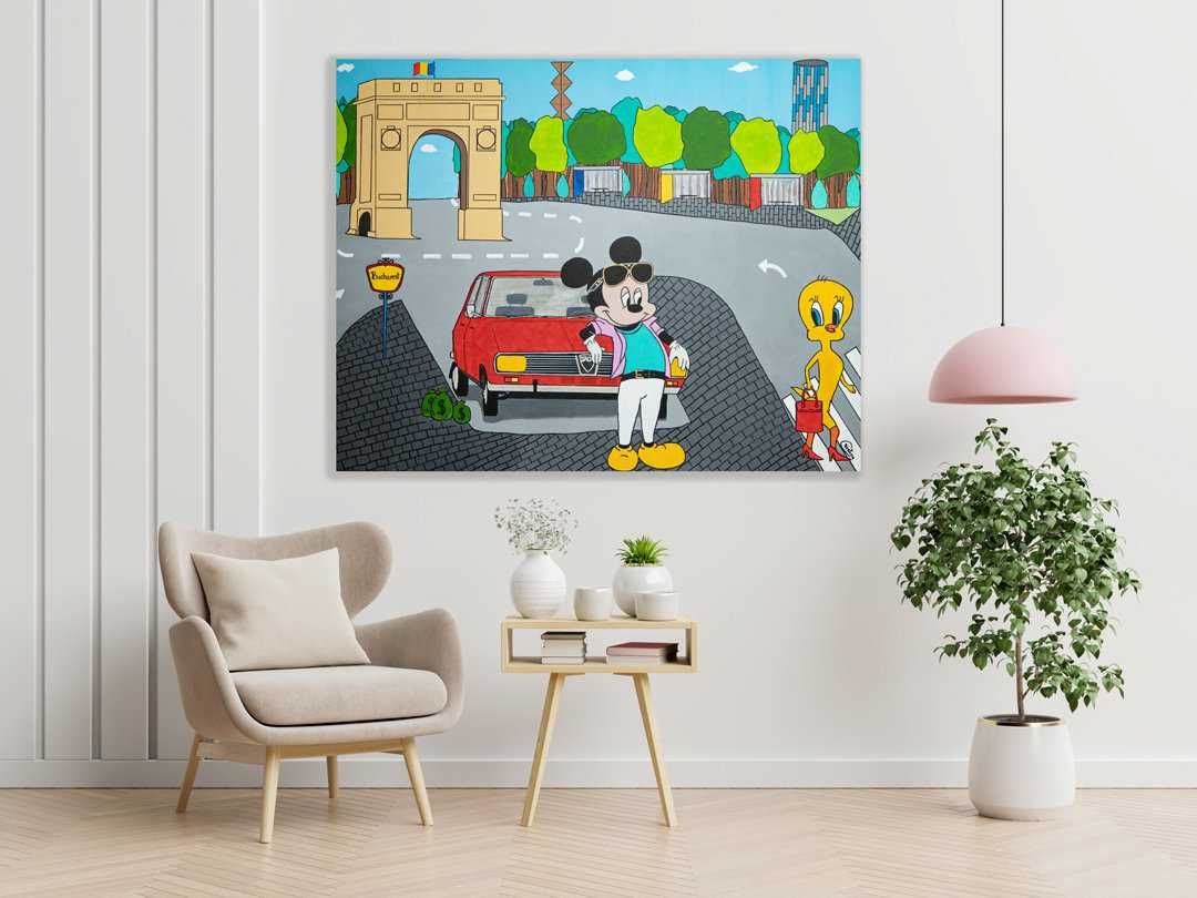 Mickey Mouse in Bucuresti, pictura acrilica pe canvas 70x90cm
