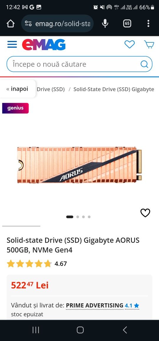 Solid-state Drive (SSD) Gigabyte AORUS 500GB, NVMe Gen4 (produs nou)