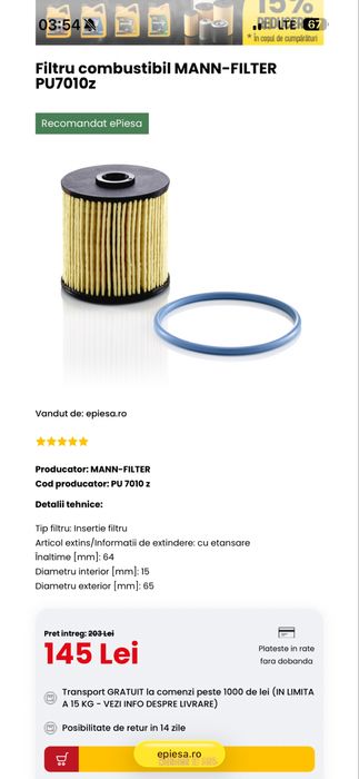 Filtru combustibil MANN PU7010z , nou, nefolosit , in cutie originala