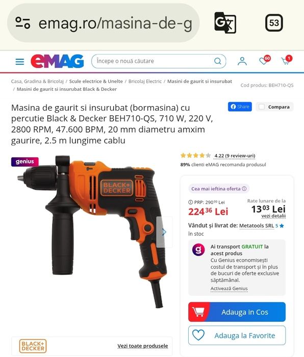 Bormasina masina de gaurit/insurubat, cu percutie,Black+Decker BEH710K