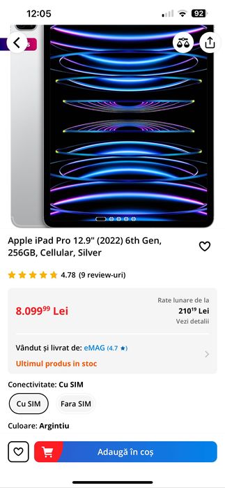 Vand Apple iPad Pro M2 12.9" (2022) 6th Gen, 256 GB, Cellular