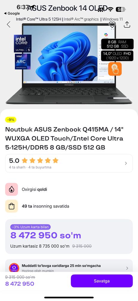 Asus Zenbook Q415MA 14’ OLED Touch/Intel Core Ultra 5, DDR5 8/512GB
