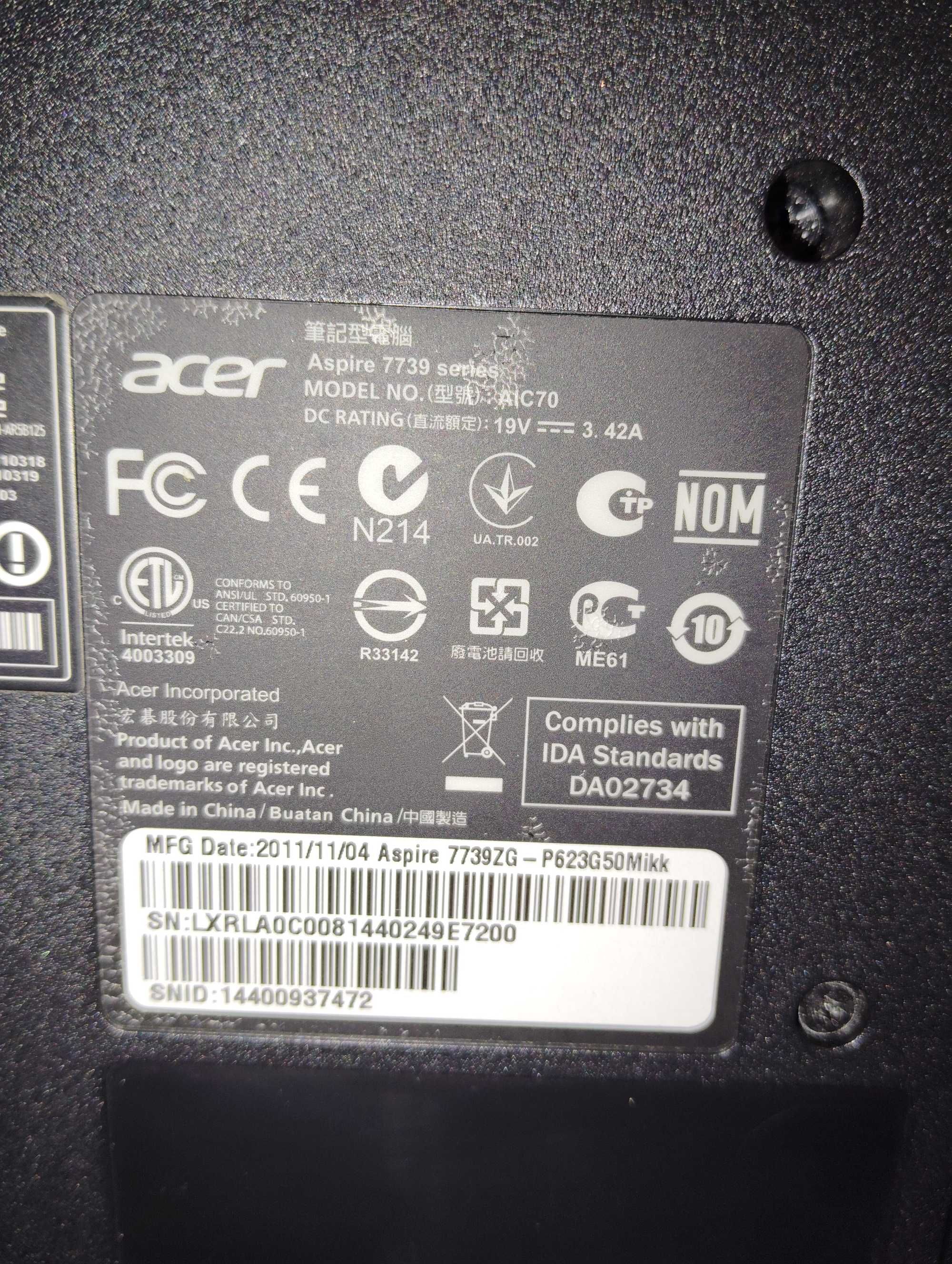 Laptop Acer Aspire 7739ZG cu procesor Intel Core P6200 2.13GHz