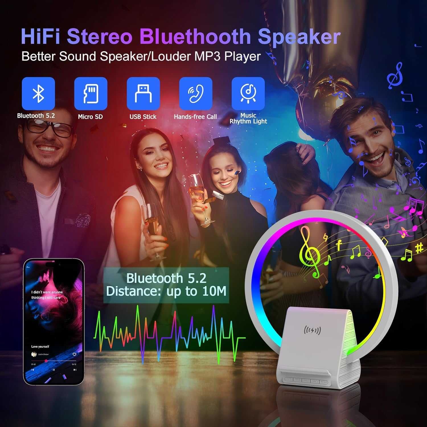 Нощна лампа и Bluetooth високоговорител AUYLE, 15 W безжично зареждане