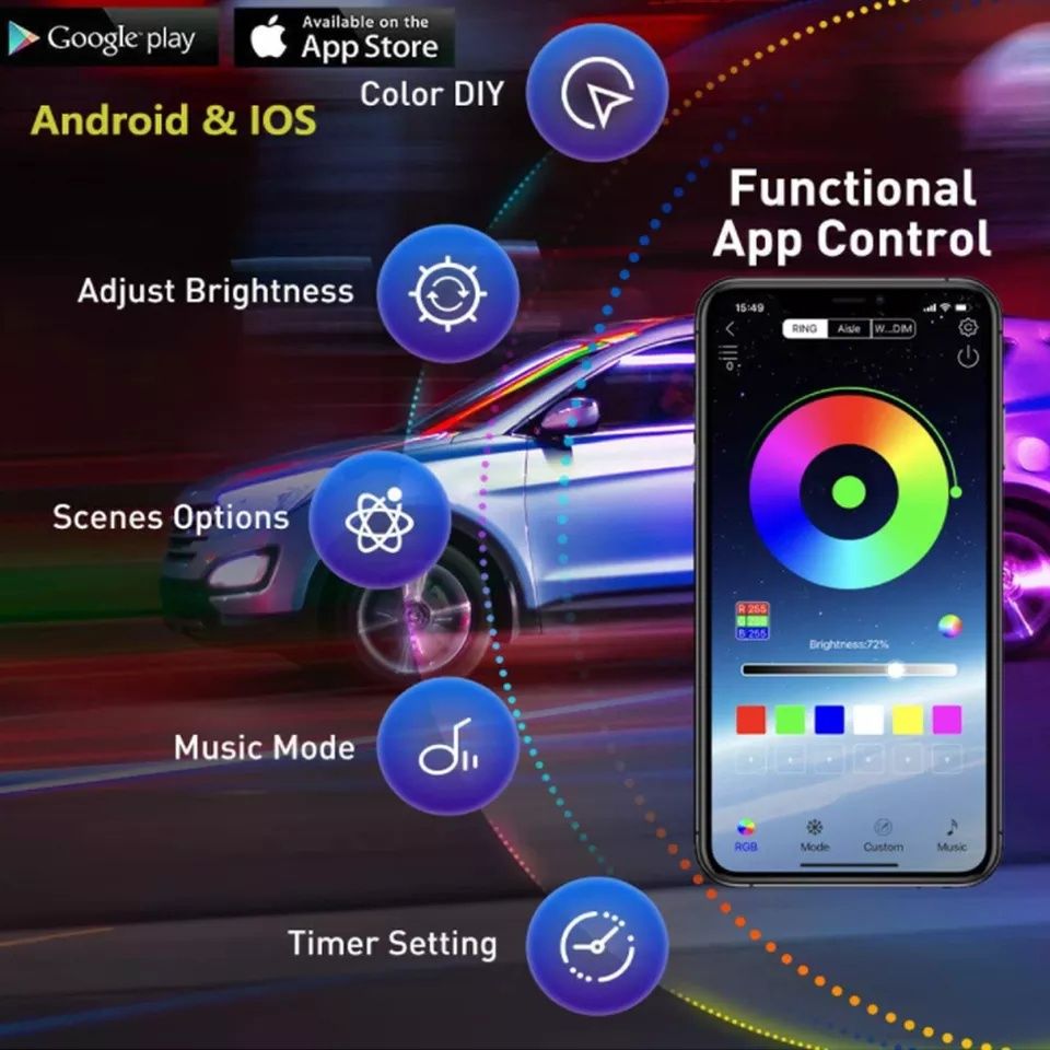 LED светление за кола, светлини за интериор, iOS и Android, 12V, RGB