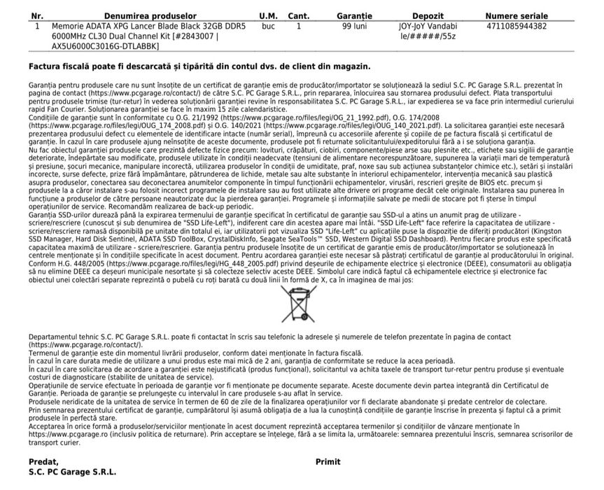 Vand 32GB RAM 6000MT CL30