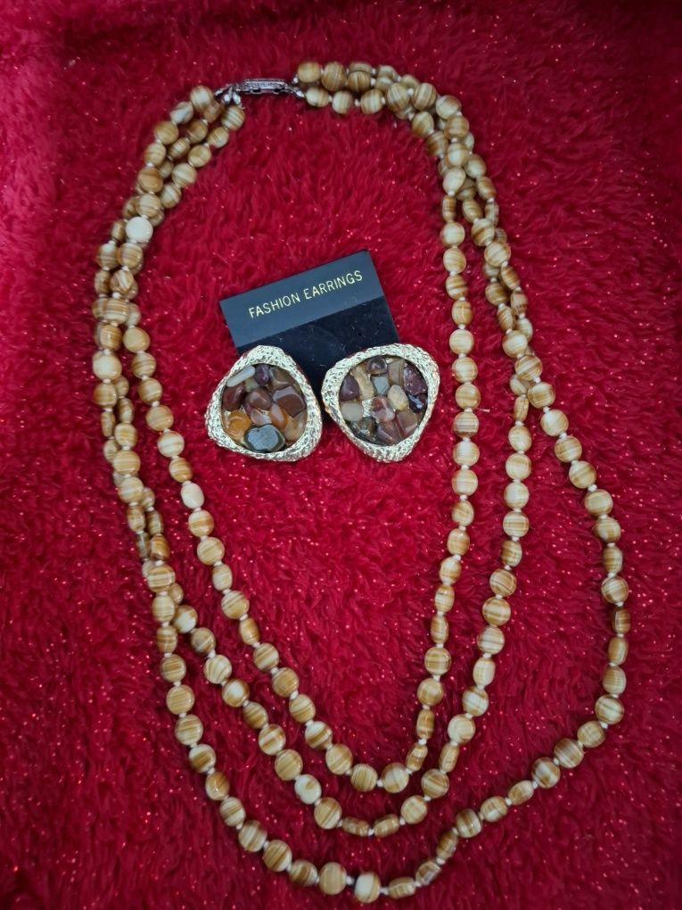 Set colier ochi de tigru 3 șiruri și cercei ochi de tigru citrin