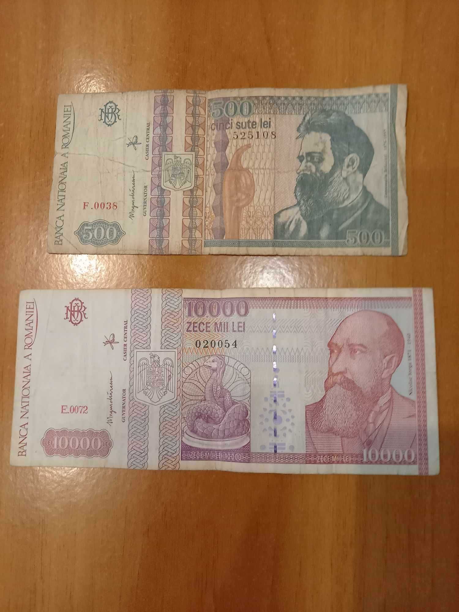 2 bancnote (500 lei Constantin Brancusi si 10 000 lei Nicolae Iorga)