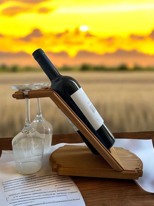 Ръчно изработена дървена стойка за вино с 2 чаши