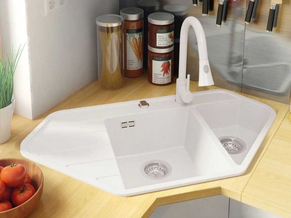 Бяла ъглова кухненска гранитна мивка Копенхаген 900 Corner 900x500 мм