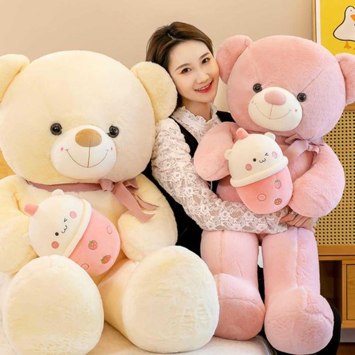 Голямо Розово Плюшено Мече с Bubble Tea, 120см Розова Плюшена Мечка