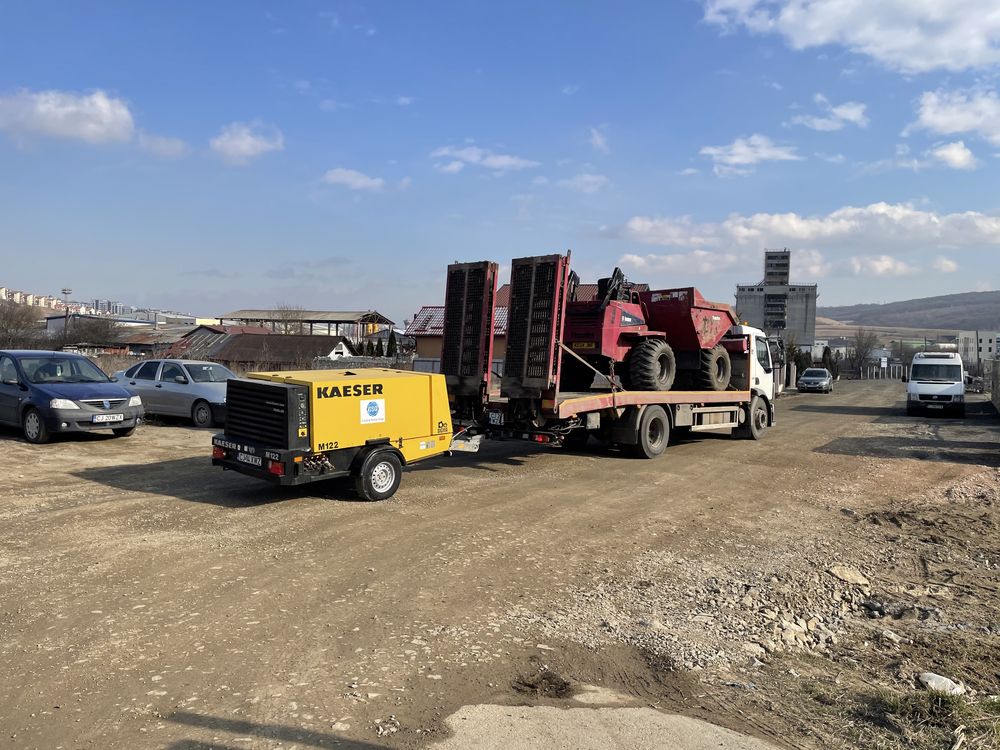 Transport utilaje cu trailer si camion cu macara