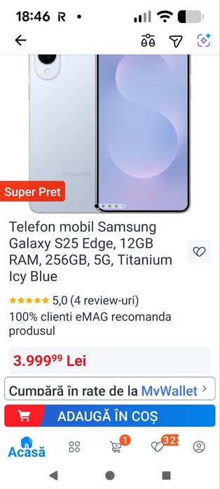Telefon SAMSUNG Galaxy S25 Edge 5G, 256GB, 12GB RAM, Dual SIM, Titaniu
