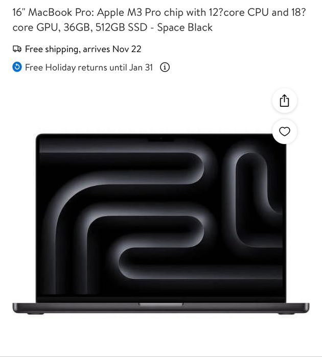16" MacBook Pro Apple M3 Pro chip 12coreCPU18core GPU, 36GB, 512GB SSD