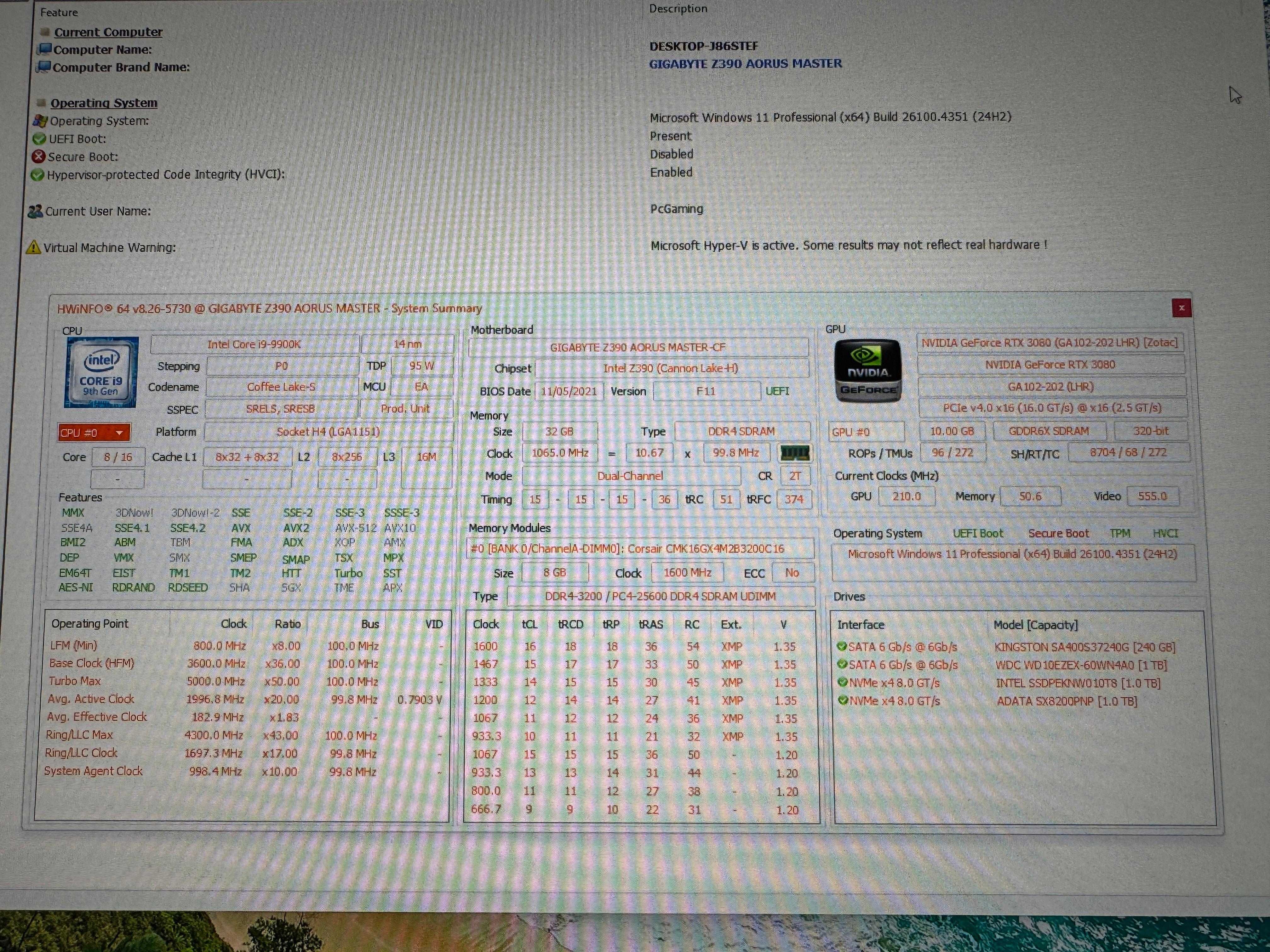 Pc Gaming Complet, RTX 3080, intel 9900K, 32gb, Aorus Master, Monitor