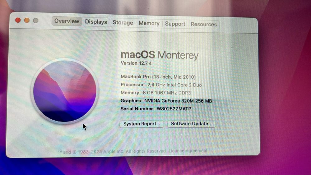 Macbook Pro 2010 13" Mac OS Monterey 8 GB Ram SSD 128 GB + Magsafe 85W