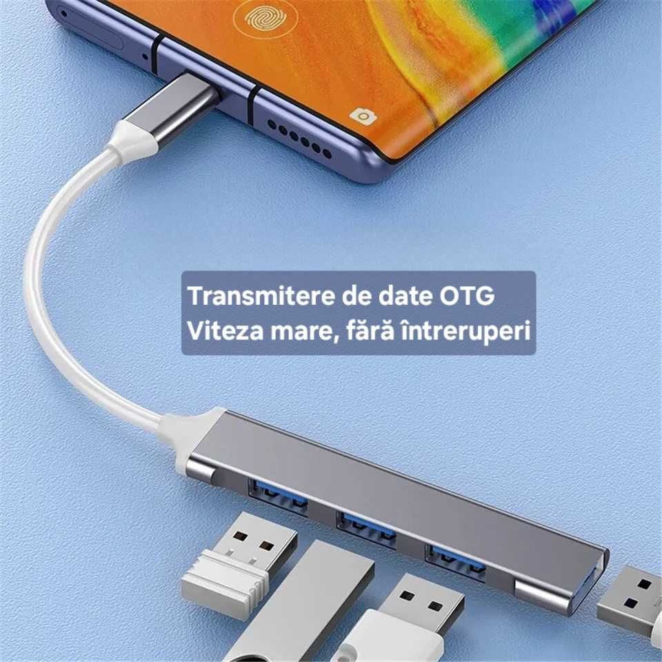 Adaptor/splitter/hub USB C cu 3+1 porturi. Aluminiu. Transfer date.