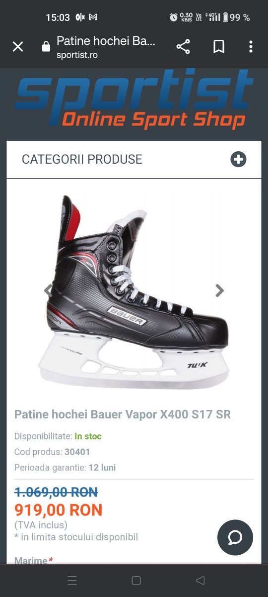 Patine hochei Bauer Vapor X400 40.5