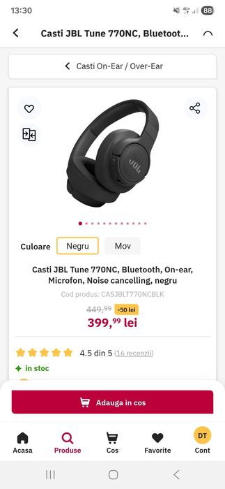 Casti JBL Tune 770NC, Bluetooth, On-ear, Microfon