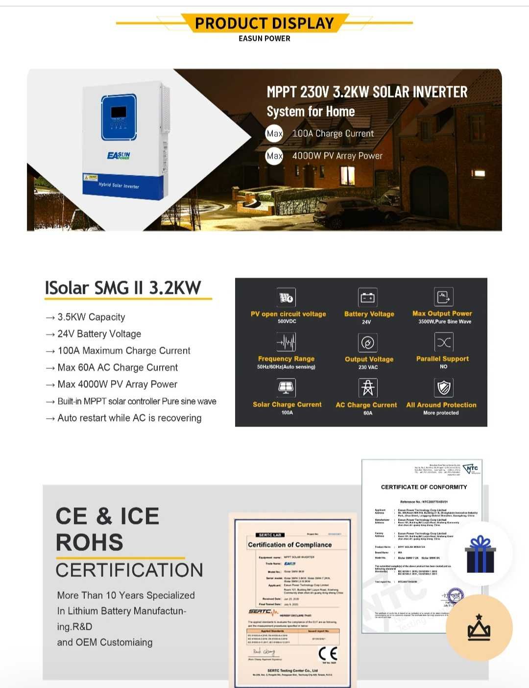 Хибриден инвертор Еасун 3,2 KW