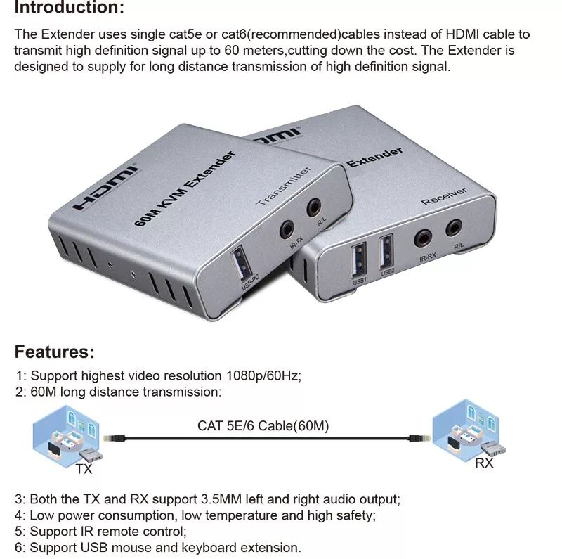 HDMI + USB удлинитель 60М 1080p, HDMI USB Extender 60M , Lan, Ethernet