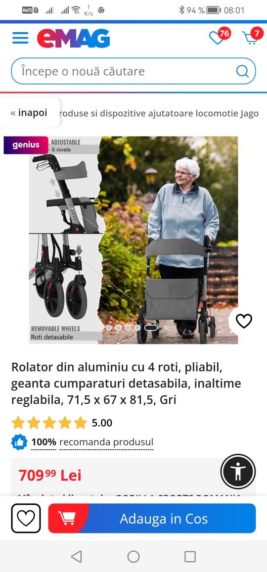 Rolator pliabil handicap aluminiu Frane transformabil in scaun textile
