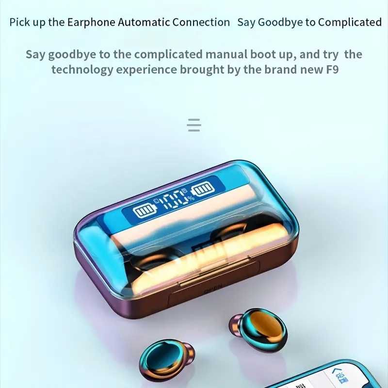 Безжични слушалки F9-5 с Powerbank 3300mAh, Водоустойчиви, Черни