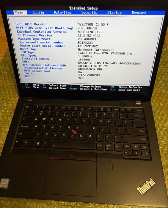 Laptop Lenovo T480s i7-8550U 16Gb DDR4 SSD 512Gb