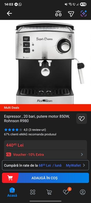 Espressor, 20 bari, putere motor 850W, Rohnson R980