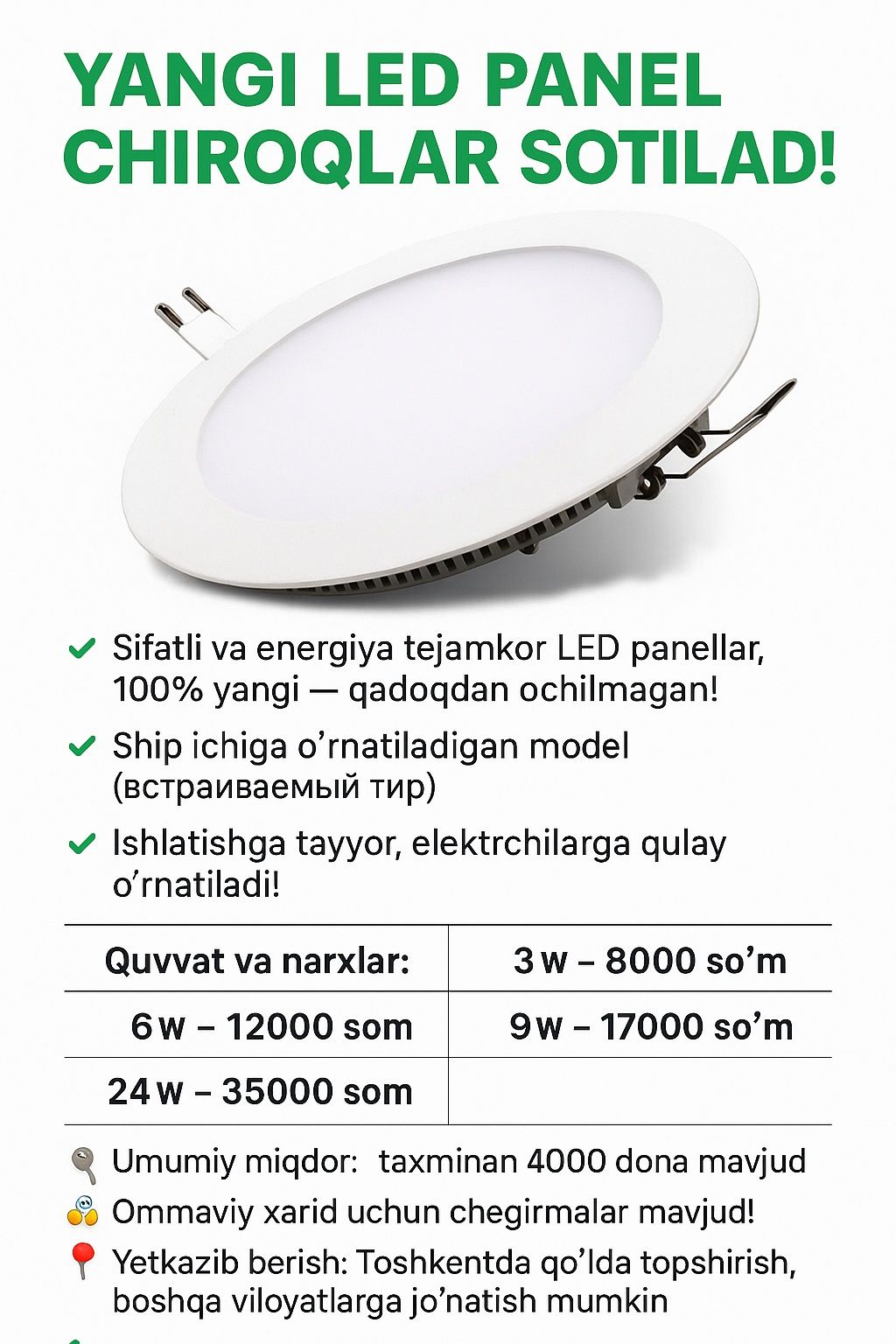 Yangi led panel chiroqlar sotiladi!