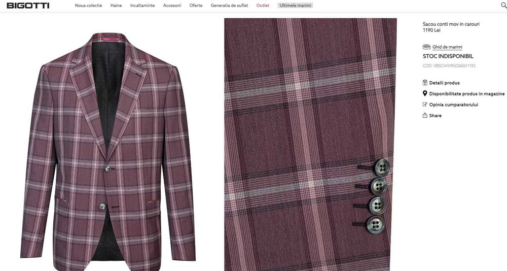 Sacou blazer slim 52 XL premium Bigotti NOU lana 100% carouri grena