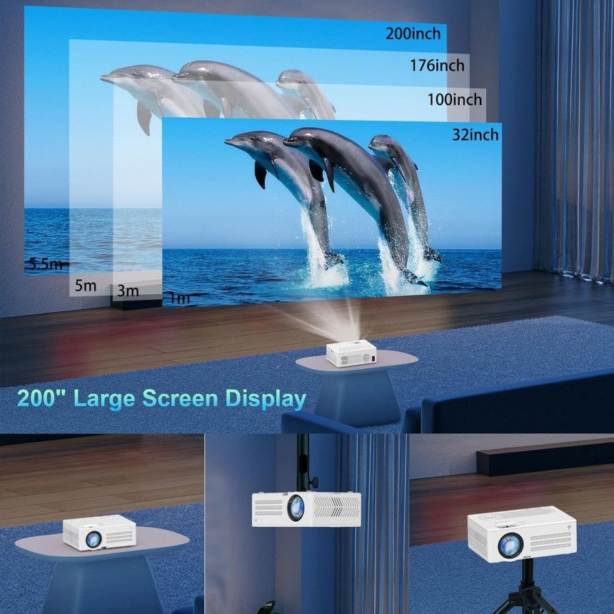 4K Проектор за домашно кино с 2.4/5G WIFI, BT 5.1, 12000 лумена, 200"