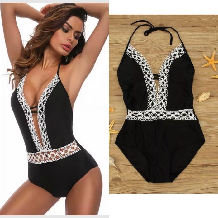 Costum de baie intreg negru dantela alba Push Up stil Victoria